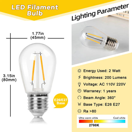Ampoule LED S14 incassable 2W E27, lumière chaude pour guirlande extérieure, lot de 25 - Luminous Place