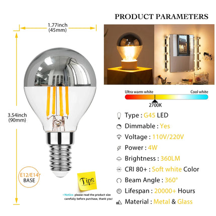 Ampoule LED dimmable E12 E14 4W G45 globe argenté 2700K ambiance chaude - Luminous Place