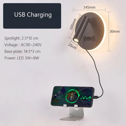 Applique Murale LED Minimaliste Moderne en Aluminium avec Charge USB et Lumière Chaude