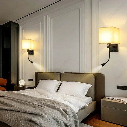 Applique Murale LED en Tissu E27 avec USB et Interrupteur, Angle Réglable, Lumière Chaude - Luminous Place