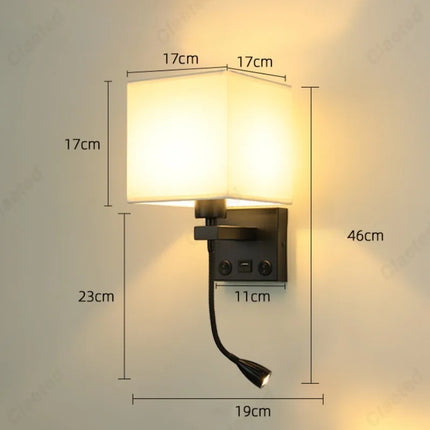 Applique Murale LED en Tissu E27 avec USB et Interrupteur, Angle Réglable, Lumière Chaude