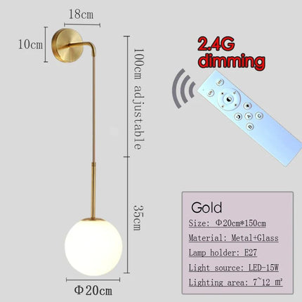 Applique Murale Dimmable 2.4G Noir/Or en Verre Boule, Télécommande 30m - Luminous Place