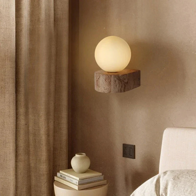 Applique Murale Japonaise en Pierre Naturelle avec Abat-jour Verre, Lumière Chaude pour Chambre