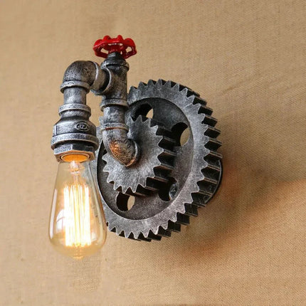 Applique Murale Vintage Industrielle en Fer et Bois avec Roue Dentée pour Salon et Étude - Luminous Place