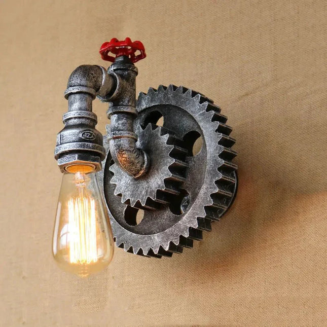 Applique Murale Vintage Industrielle en Fer et Bois avec Roue Dentée pour Salon et Étude - Luminous Place