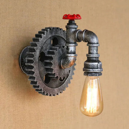 Applique Murale Vintage Industrielle en Fer et Bois avec Roue Dentée pour Salon et Étude - Luminous Place