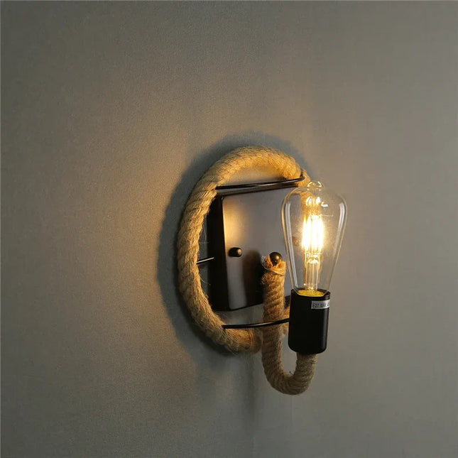 Applique Murale en Corde de Chanvre Style Rétro Américain, Luminaire Métal E27, Ambiance Chaleureuse