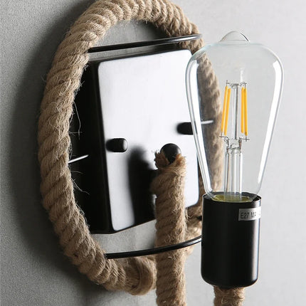 Applique Murale en Corde de Chanvre Style Rétro Américain, Luminaire Métal E27, Ambiance Chaleureuse