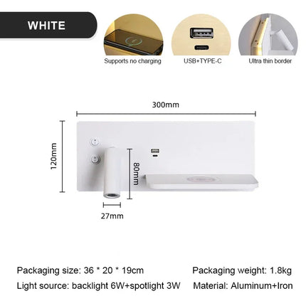 Applique Murale LED Multifonction avec Chargeur Sans Fil et Éclairage Chaud pour Chambre et Chevet