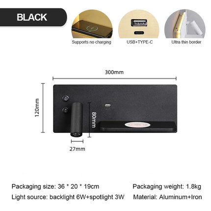 Applique Murale LED Multifonction avec Chargeur Sans Fil et Éclairage Chaud pour Chambre et Chevet