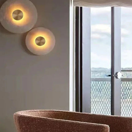 Applique Murale LED en Albâtre Naturel et Cuivre, Design Art Déco