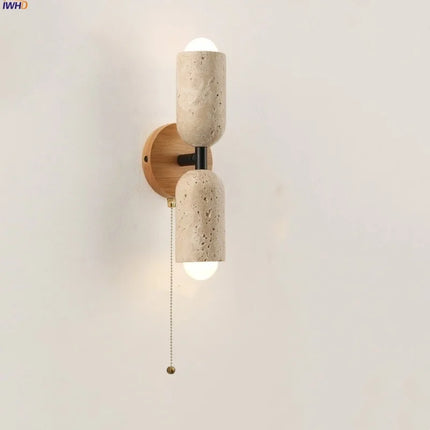 Applique Murale Moderne Bois et Pierre Travertin Jaune à Chaîne LED 2 Lumières