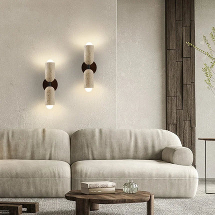 Applique Murale Moderne Bois et Pierre Travertin Jaune à Chaîne LED 2 Lumières