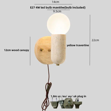 Applique Murale Moderne Bois et Pierre Travertin Jaune à Chaîne LED 2 Lumières