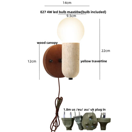 Applique Murale Moderne Bois et Pierre Travertin Jaune à Chaîne LED 2 Lumières