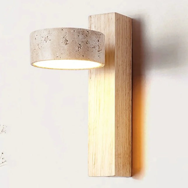 Applique Murale Japonaise Wabi Sabi en Travertin Jaune avec LED et Interrupteur à Chaînette