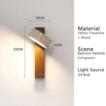 Applique Murale Japonaise Wabi Sabi en Travertin Jaune avec LED et Interrupteur à Chaînette