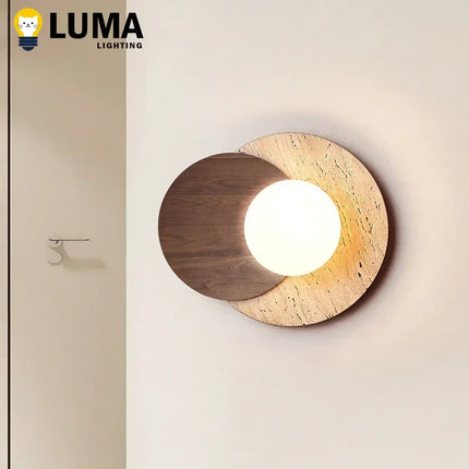 Applique Murale Japonaise en Travertin Jaune et Bois Massif, Lumière Chaude Cosy