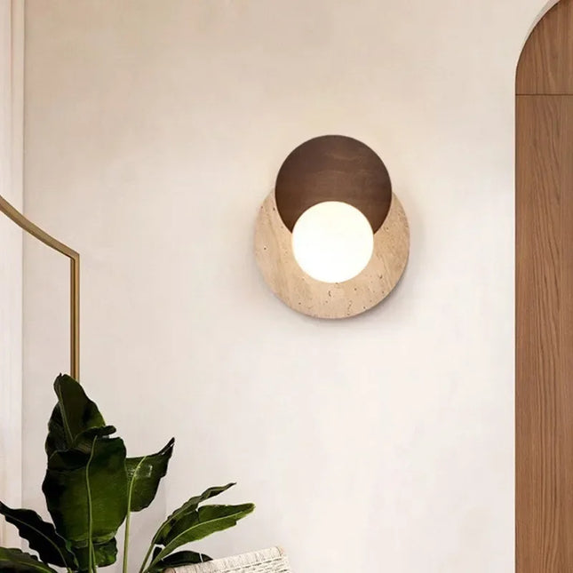 Applique Murale Japonaise en Travertin Jaune et Bois Massif, Lumière Chaude Cosy