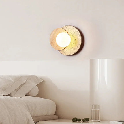 Applique Murale Japonaise en Travertin Jaune et Bois Massif, Lumière Chaude Cosy