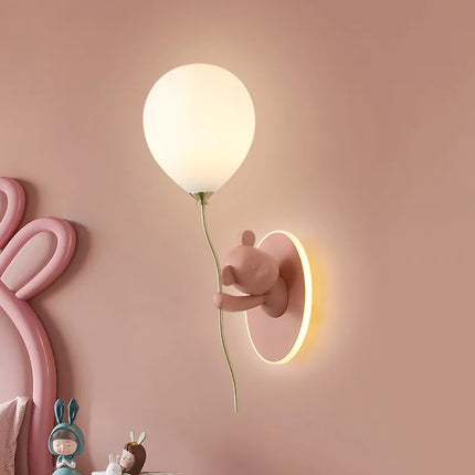 Applique Murale Ours Ballon Rose en Résine et Verre, Lumière Chaude Ambiance Cosy