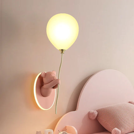 Applique Murale Ours Ballon Rose en Résine et Verre, Lumière Chaude Ambiance Cosy