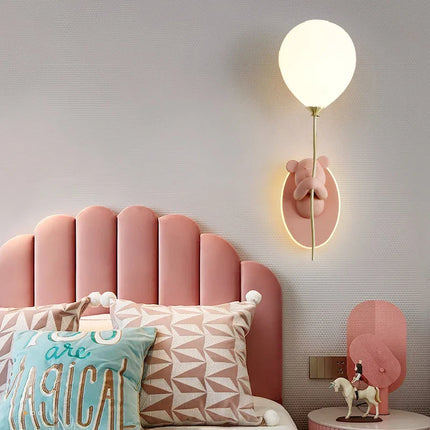 Applique Murale Ours Ballon Rose en Résine et Verre, Lumière Chaude Ambiance Cosy