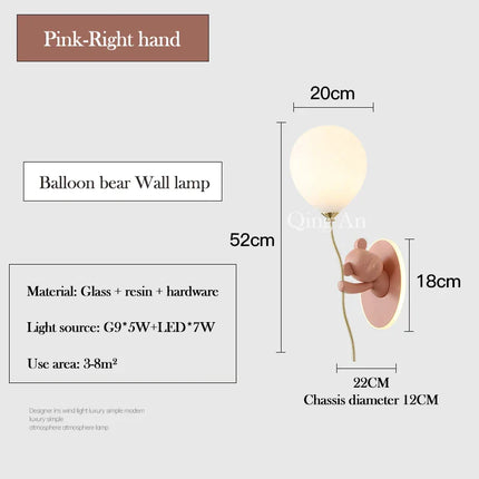 Applique Murale Ours Ballon Rose en Résine et Verre, Lumière Chaude Ambiance Cosy
