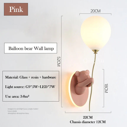 Applique Murale Ours Ballon Rose en Résine et Verre, Lumière Chaude Ambiance Cosy