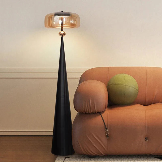Lampadaire LED moderne minimaliste en verre et ferronnerie, lumière chaude dimmable avec télécommande - Luminous Place