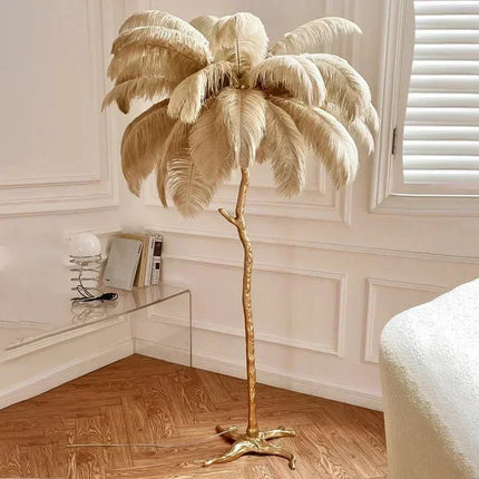 Lampadaire LED en plumes d'autruche, design nordique moderne, lumière chaleureuse pour salon et coin cosy - Luminous Place
