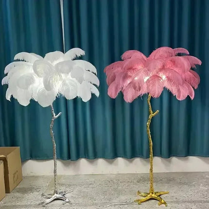 Lampadaire LED en plumes d'autruche, design nordique moderne, lumière chaleureuse pour salon et coin cosy - Luminous Place