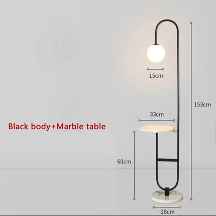 Lampadaire moderne noir et or avec lampe ronde et étagères en marbre - Luminous Place