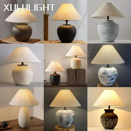 Lampe de table en céramique japonaise avec lumière chaude et abat - jour en tissu - Luminous Place