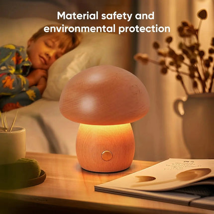 Lampe de table champignon en bois rechargeable à intensité variable, lumière chaude et tactile pour chambre - Luminous Place