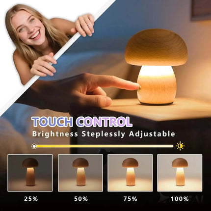 Lampe de table champignon en bois rechargeable à intensité variable, lumière chaude et tactile pour chambre - Luminous Place