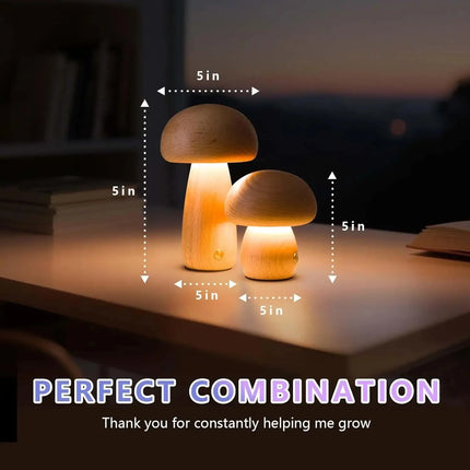 Lampe de table champignon en bois rechargeable à intensité variable, lumière chaude et tactile pour chambre - Luminous Place