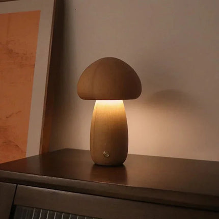 Lampe de table champignon en bois rechargeable à intensité variable, lumière chaude et tactile pour chambre - Luminous Place