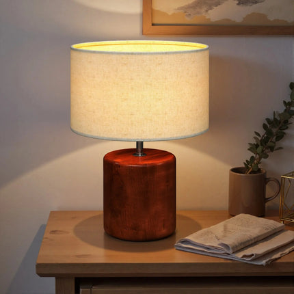 Lampe de table rustique en bois massif avec abat - jour en lin, lumière chaude et ambiance cosy - Luminous Place