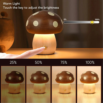Lampe de table champignon en bois d’ébène, lumière chaude à gradation tactile, rechargeable USB - Luminous Place