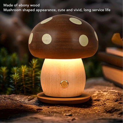 Lampe de table champignon en bois d’ébène, lumière chaude à gradation tactile, rechargeable USB - Luminous Place