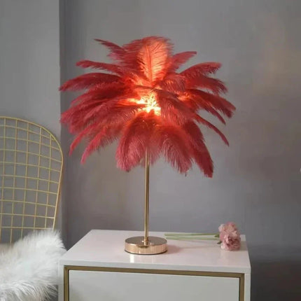 Lampe de table en plumes d'autruche, design nordique moderne, lumière chaude, rose et blanc - Luminous Place