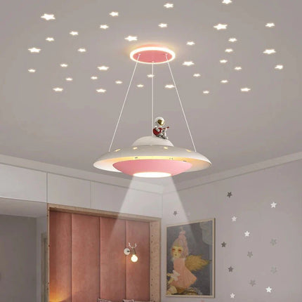 Lampe Enfant Suspension UFO Étoilée en Alliage Chrome, Lumière Variable Bleue/Rose - Luminous Place