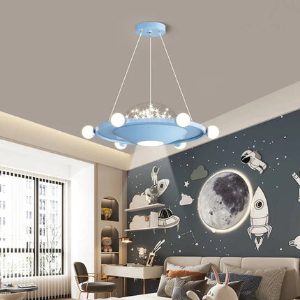 Lampe Enfant Suspension UFO Étoilée en Alliage Chrome, Lumière Variable Bleue/Rose - Luminous Place