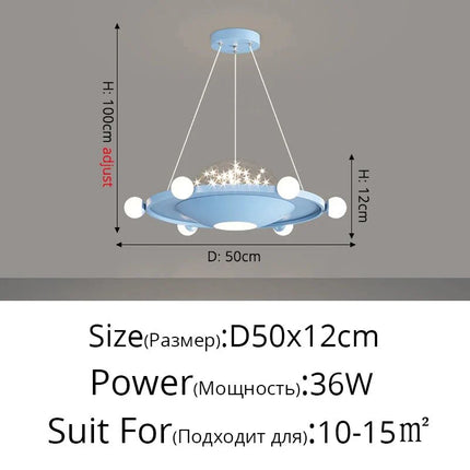 Lampe Enfant Suspension UFO Étoilée en Alliage Chrome, Lumière Variable Bleue/Rose - Luminous Place