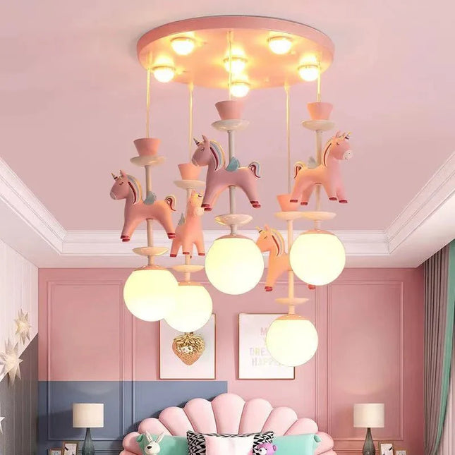 Lampe Enfant Suspension LED Carrousel Rose Design Créatif et Protection des Yeux - Luminous Place