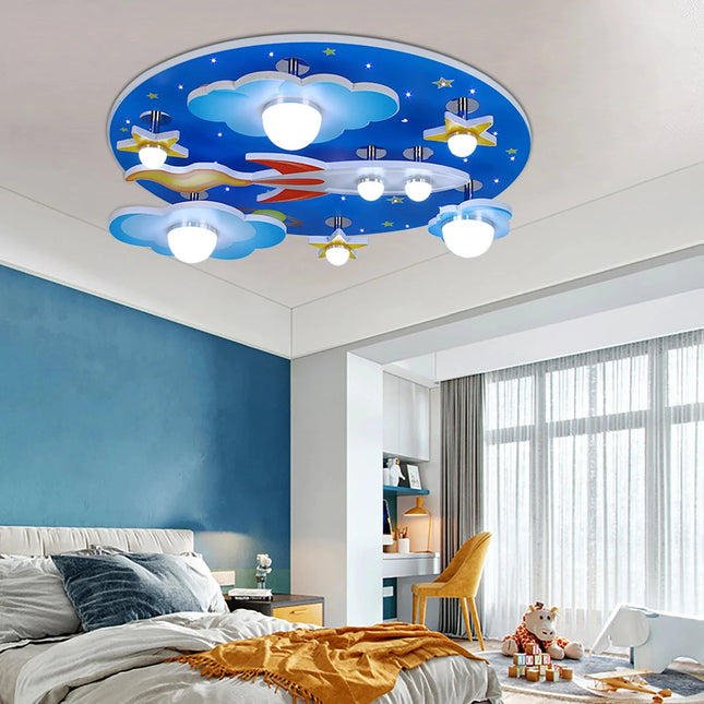 Lampe Enfant Plafonnier LED Bois Bleu à Intensité Variable, Ambiance Cosmiques - Luminous Place