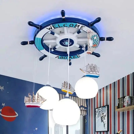 Lampe Enfant Lustre Gouvernail Méditerranéen Bois avec Rétro - éclairage RVB - Luminous Place