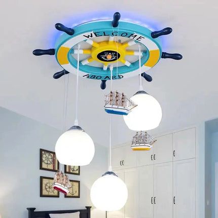 Lampe Enfant Lustre Gouvernail Méditerranéen Bois avec Rétro - éclairage RVB - Luminous Place