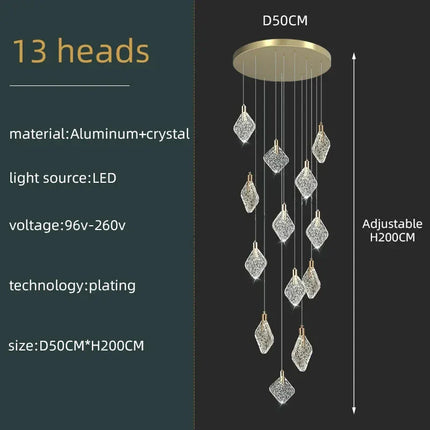 Lustre suspendu en cristal nordique pour salon et escaliers, lumière LED chaleureuse
